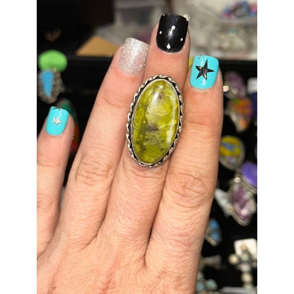 Green Opal Oval Sterling Silver Overlay Ring Size 6